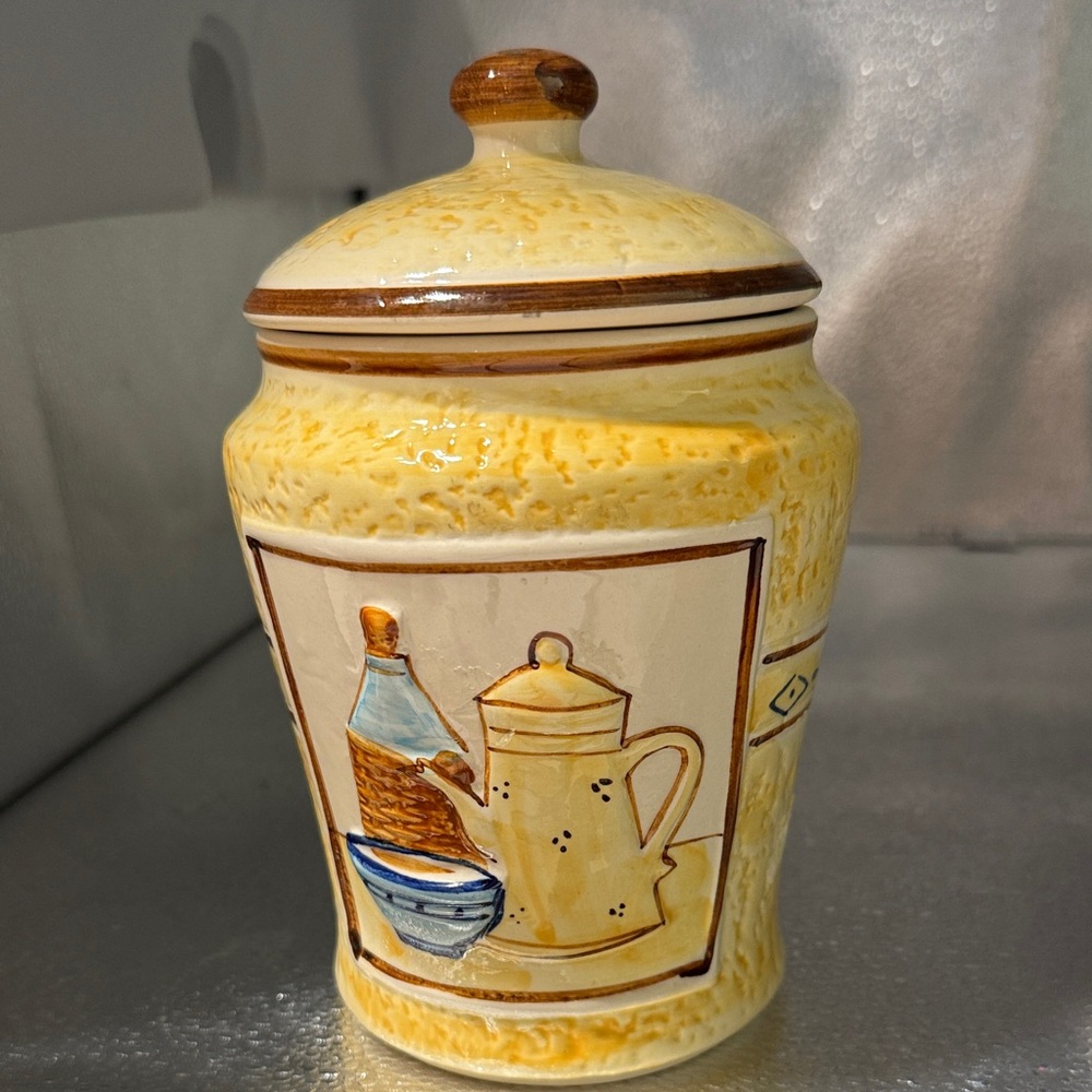 Vintage Adorable Hand Painted Yellow Ceramic Kitchen Canister